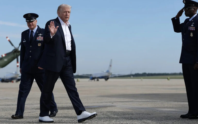 Donald Trump arrives in golf shoes in Ryder Cup when he tries to inspire us fight